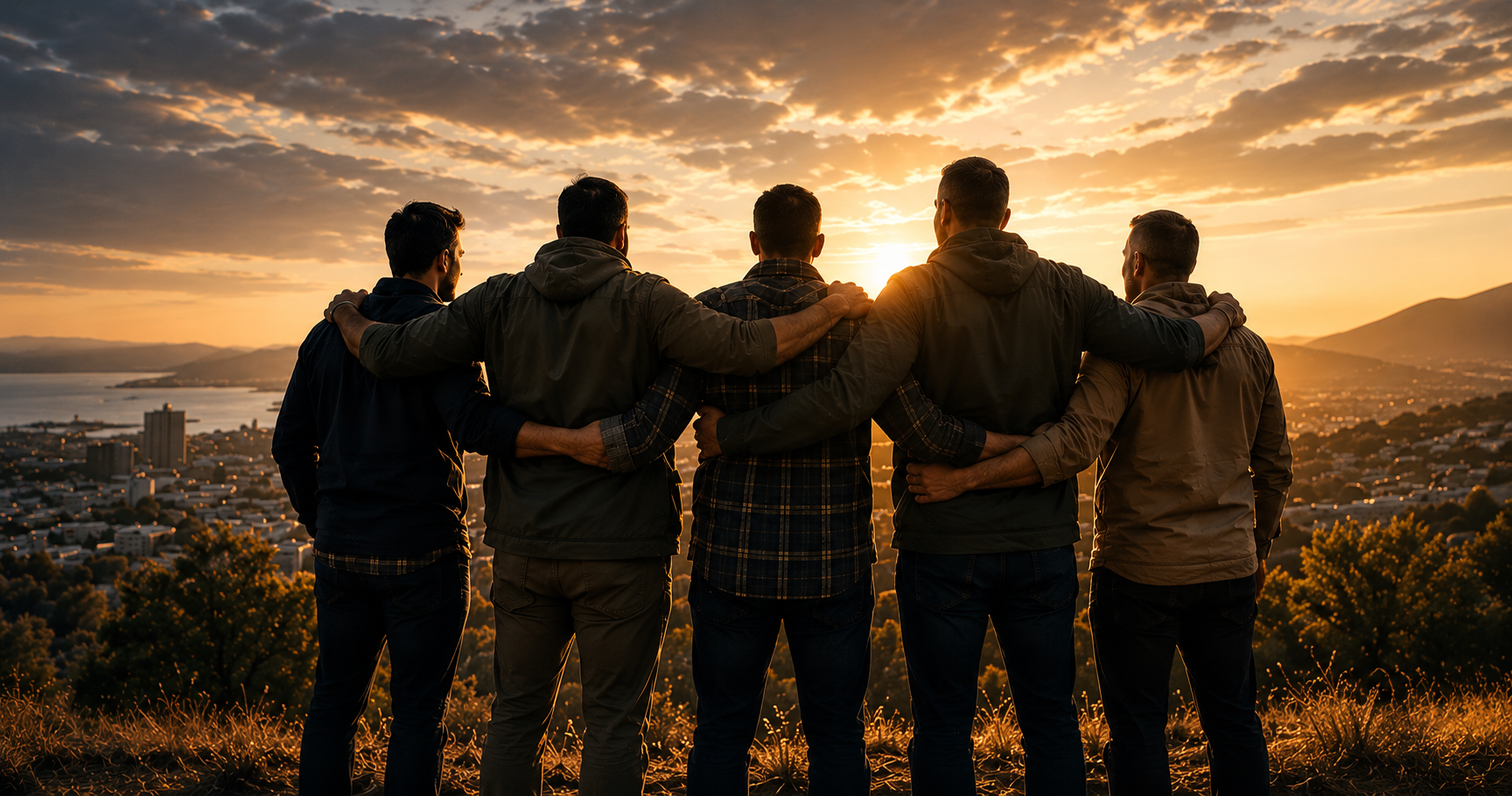 New Zealand men standing together at sunset